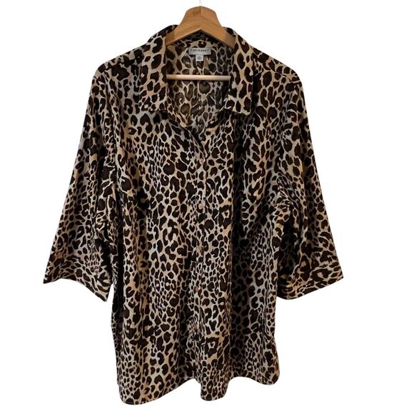 Catherines Leopard Print Roll Tab Sleeve Button Up Top 2X Relaxed Office Mature - Picture 1 of 8